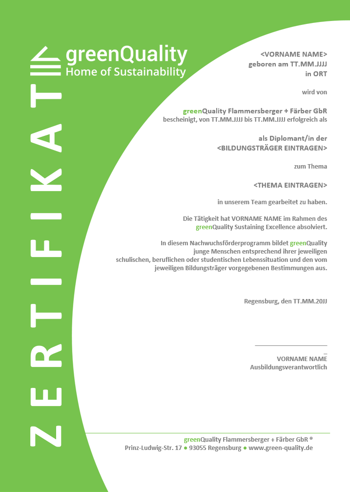 Zertifikat aus unserem Nachwuchskräfteprogramm Sustainable Excellence